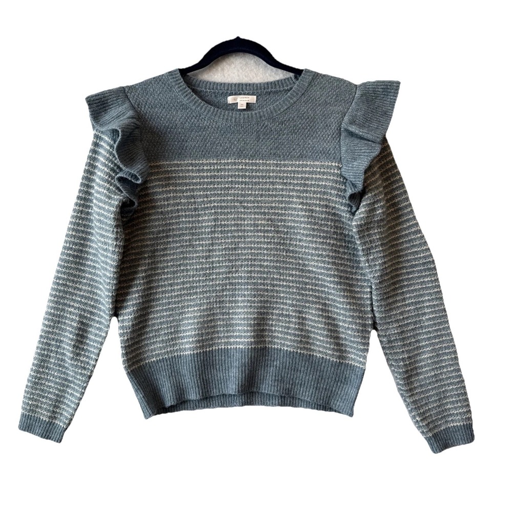LC‎ Lauren Conrad Soft Blue Ruffle Shoulder Striped Knit Sweater M Cottagecore
